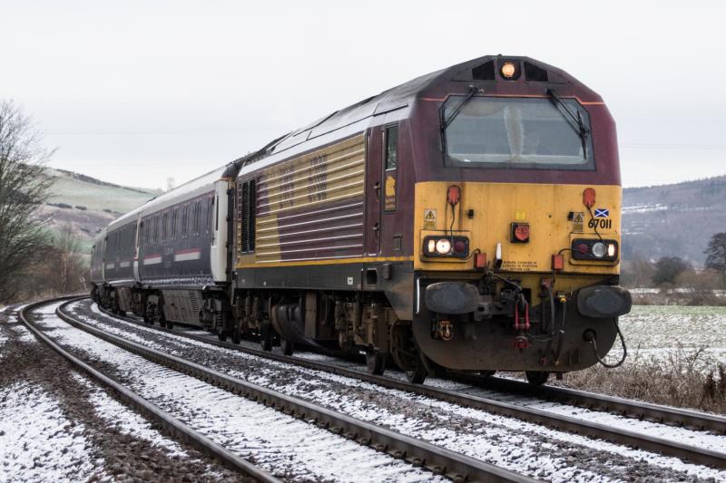 67011: 67011 with sleeper stock for Polmadie passes Forgandenny on Saturday 16th January. Photo of 67011