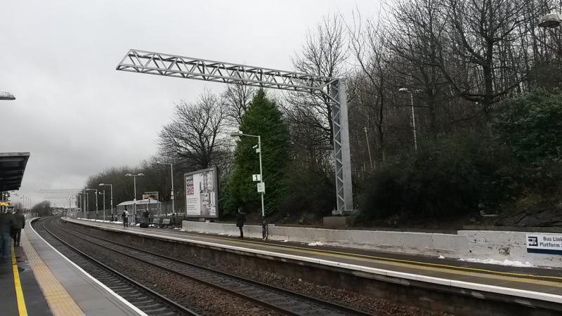 New OHL mast at Croy: One of the single arm masts at Croy station Photo of New OHL mast at Croy