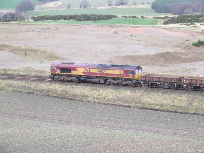 66104 near St Fort, Fife: 66104 sits at the north end of a rake of coalfish on 14 Feb 2016 near St Fort, North Fife Photo of 66104 near St Fort, Fife