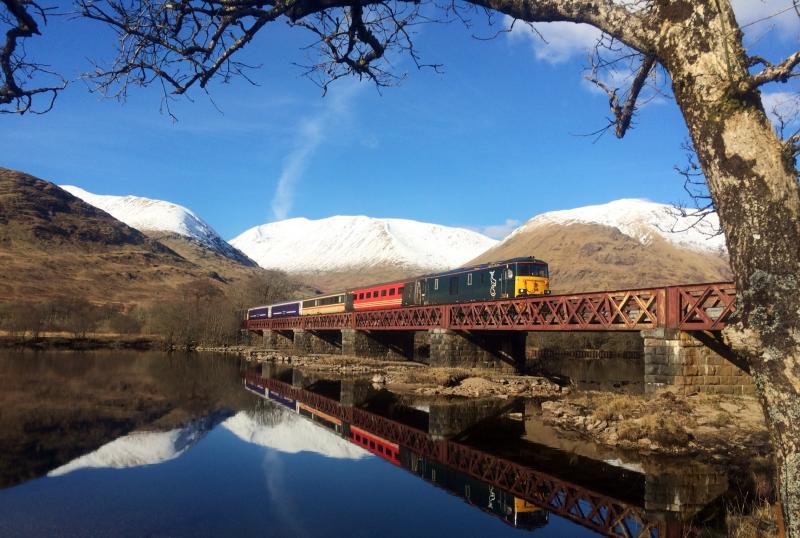 73967 73968 5Y11 270216 Loch Awe: 73's on sleeper empties cross Loch Awe viaduct with a lovely consist in tow with 3 different observe liveries on the coaching stock! Photo of 73967 73968 5Y11 270216 Loch Awe