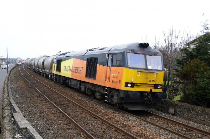 60076 at Carnoustie: 1E15 Aberdeen to London had just passed to reveal 60076 leaning into the curve at Carnoustie with the 0555 Oxwellmains Lafarge to Aberdeen Craiginches on 29th February 2016. Photo of 60076 at Carnoustie