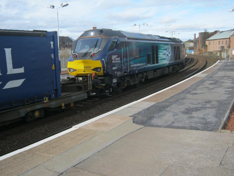 68 at Arbroath: 68001 heads North out of Arbroath with the Grangemouth-Aberdeen intermodal on 03/03/2016. Photo of 68 at Arbroath