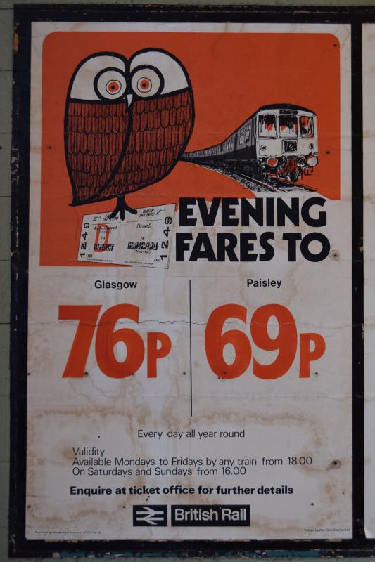 Evening Fares poster: Uncovered during renovation work at Wemyss Bay. Dated 1974. Photo of Evening Fares poster