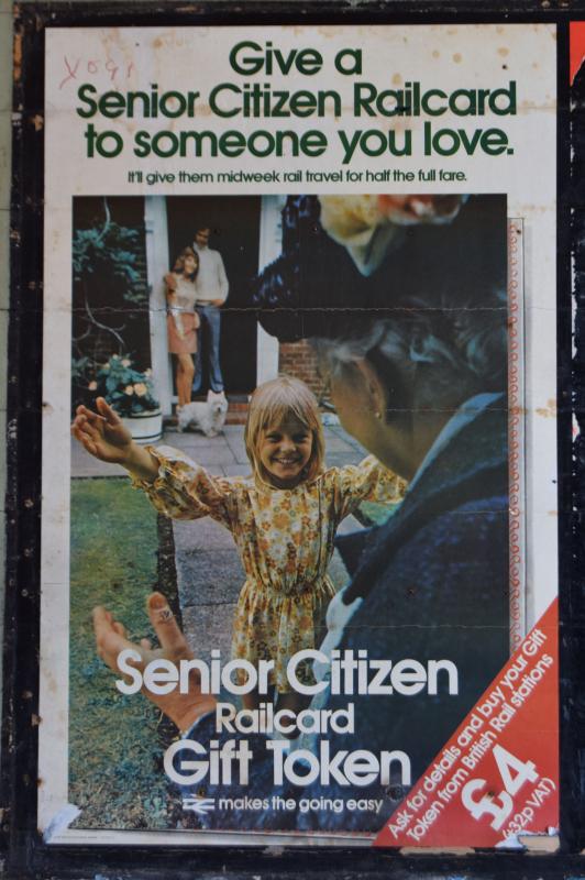Senior Citizen Railcard poster: Uncovered during renovation work at Wemyss Bay. Dated 1975. Photo of Senior Citizen Railcard poster