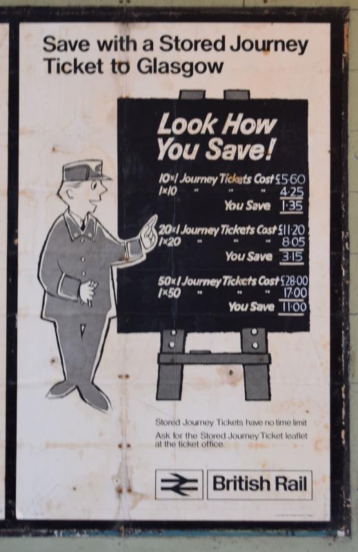 Stored Journey Ticket poster: Uncovered during renovation work at Wemyss Bay. Dated 1972. Photo of Stored Journey Ticket poster
