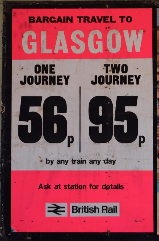 Bargain travel to Glasgow poster : Uncovered during renovation work at Wemyss Bay. Not dated, but posted with others from 1972-1975. Photo of Bargain travel to Glasgow poster