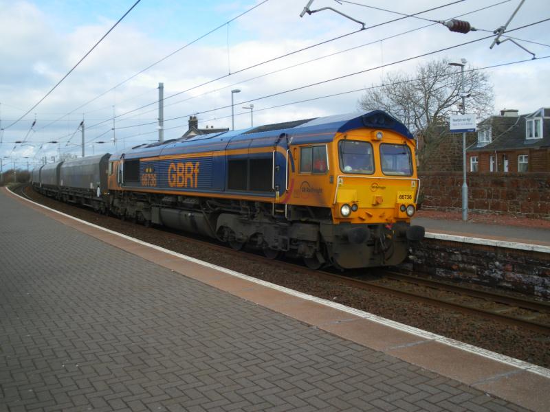 Coal from Hunterston: Drax-bound GBRf 66736 passing Newton-on-Ayr on 21/03/16 Photo of Coal from Hunterston