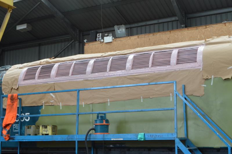 27005 'A' side cantrail louvers painted.: After many hours of work 27005's 'A' side cantrail louvers now in pink aluminium etch paint primer .
25th March 2016. Photo of 27005 'A' side cantrail louvers painted.