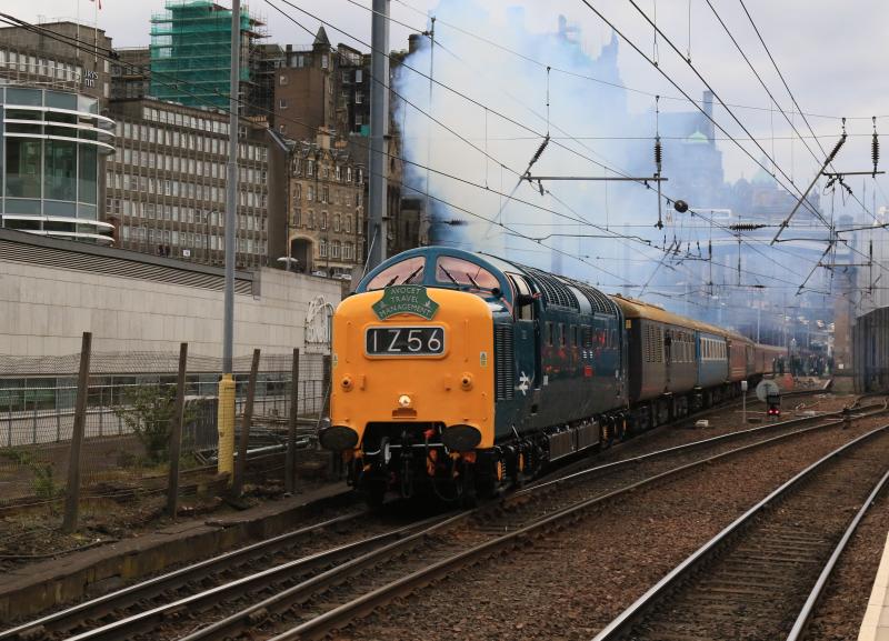 1Z56: 9009 leaves a blue haze over the east end of Waverley on 1Z56 18.02 to Derby 67015 on the rear on 09/04/2016 Photo of 1Z56