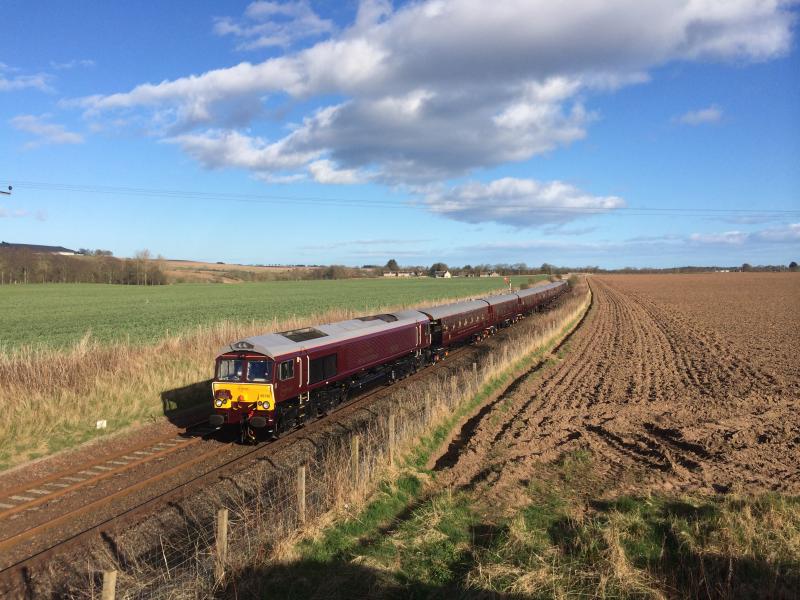 66746 1H79 Craigo 180416: 66746 on the first GBRf operated Royal Scotsman of 2016 a Classic tour Day 1 Edinburgh to Keith passing Craigo north of Montrose on 18th April Photo of 66746 1H79 Craigo 180416
