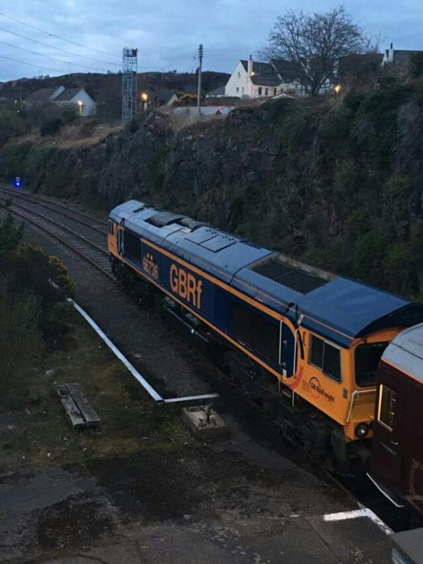 Royal Scotsman - Kyle 19-04-16 : Royal Scotsman stabling overnight at Kyle during first run of 2016 season (private charter) 19-04-16. GBRf loco 66736 as seen from road bridge in the gathering evening gloom. Photo of Royal Scotsman - Kyle 19-04-16