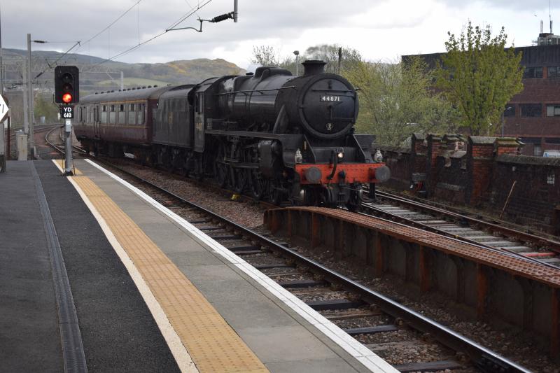 Black 5 #44871 Dumbarton Central Goods Loop 3 May 16: Black 5 #44871 and support coach enter the goods loop at Dumbarton Central prior to setting back into the sidings for an overnight stop Photo of Black 5 #44871 Dumbarton Central Goods Loop 3 May 16
