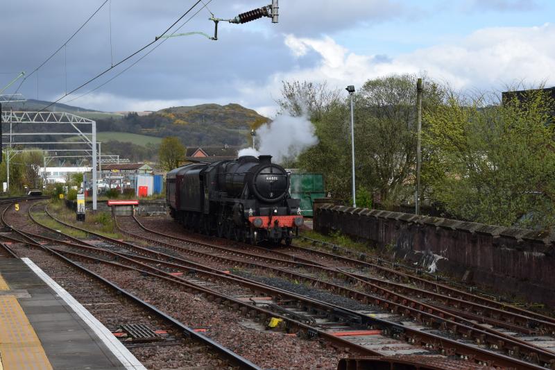 Black 5 #44871 Dumbarton Central sidings 3 May 16: Black 5 #44871 and support coach at their overnight halt at Dumbarton Central before tomorrow's journey to Fort William Photo of Black 5 #44871 Dumbarton Central sidings 3 May 16