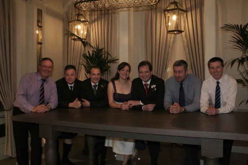 The Tait wedding: The founder member of scot-rail.co.uk and his beautiful bride are surrounded by the majority of the current Admin team and his best man at his wedding. 7th May 2016 Photo of The Tait wedding