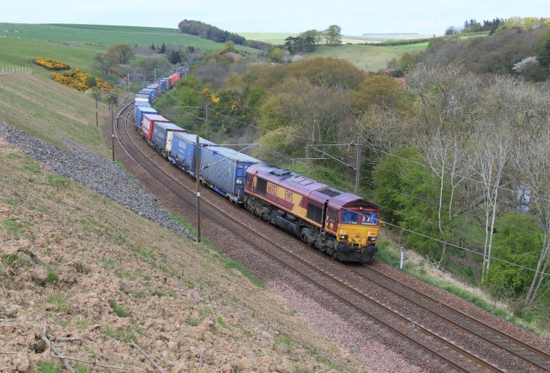 4M30 at Houndwood: 66082 on 4M30 08.12 Grangemouth Tdg to Daventry Int passing MP 43 at Houndwood on 14/05/2016.View of southbound trains much better since earthworks to cutting. Photo of 4M30 at Houndwood