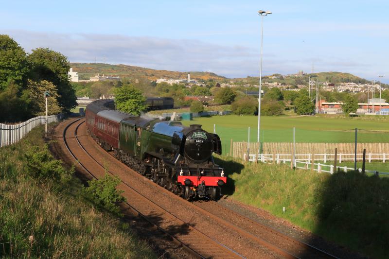 60103 on the Sub: 60103 Flying Scotsman on 5Z72 06.30 Boness to Edinburgh via Millerhill passing Peffermill Playing Fields at 07.05 on 17/05/2016. Steam had been shut off where the rear of the train is. Photo of 60103 on the Sub