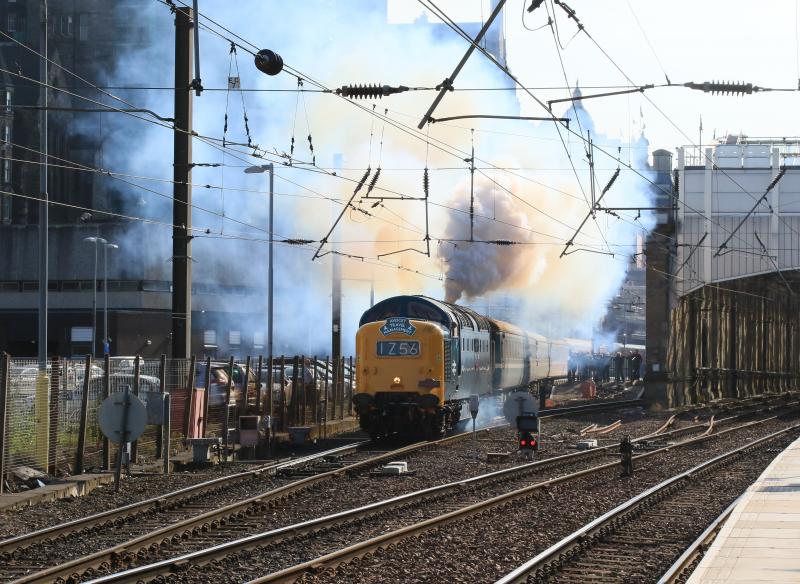 55009 departs Waverley in a Cloud of Blue Exhaust: 55009 on 1Z56 18.01 Edinburgh to Derby leaving Platform 8 in a cloud of blue exhaust as the second engine is opened up on 18/06/2016 Photo of 55009 departs Waverley in a Cloud of Blue Exhaust