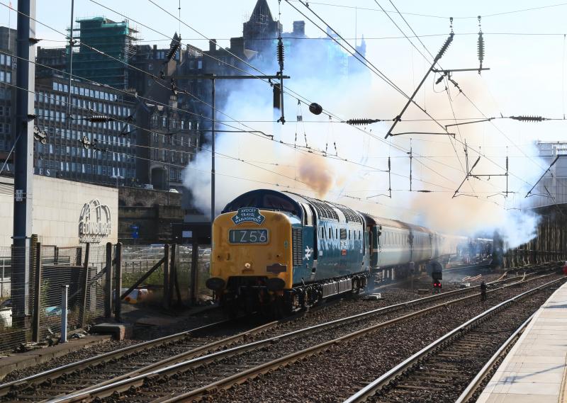 55009 Trail of Blue Exhaust: 55009 on 1Z56 18.01 Edinburgh to Derby leaving Platform 8 in a cloud of blue exhaust as the second engine is opened up on 18/06/2016 Photo of 55009 Trail of Blue Exhaust