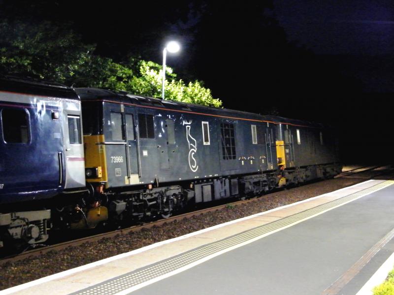 73967 & 73966, @ Gleneagles - 20 June 2016: A hand-held shot of the Inverness to London Euston sleeper gently pulling away, into the darkness, at 23.50. Photo of 73967 & 73966, @ Gleneagles - 20 June 2016