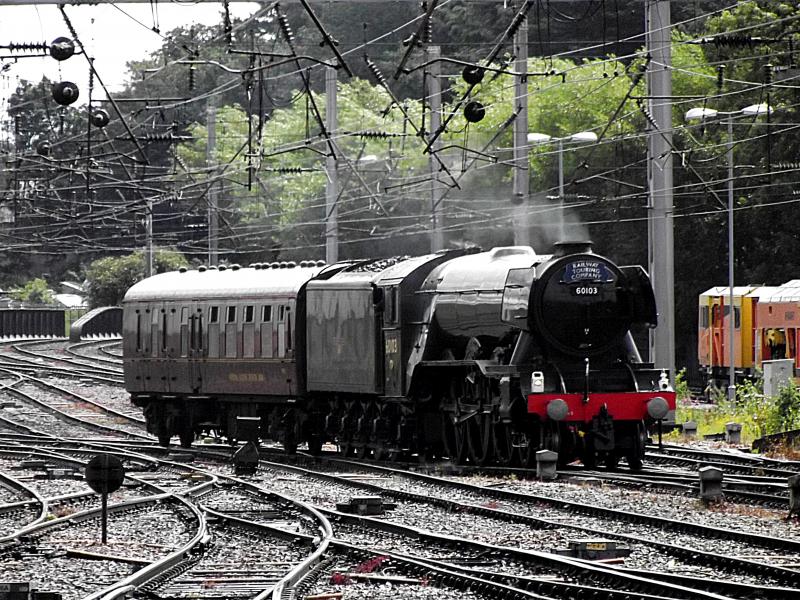 Flying Scotsman at Carlisle: Having arrived at Carlisle with 1Z47 from Leicester. Flying Scotsman 60103 departs to Upperby Depot for servicing and turning the locomotive for its return trip to Leicester. Photo of Flying Scotsman at Carlisle