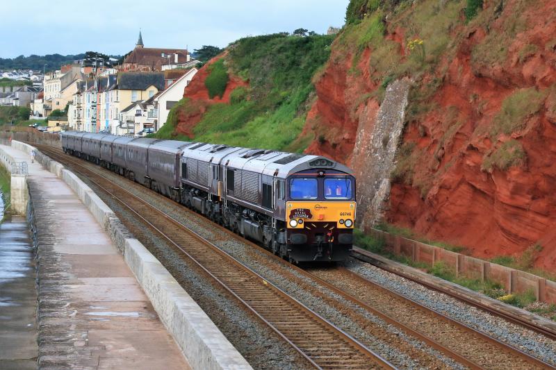 1Z79 at Dawlish: 66746 + 66743 on 1Z79 04.35 Gloucester to Bath Spa via Newton Abbot passing along the sea wall at Dawlish on 12/07/2016 Photo of 1Z79 at Dawlish