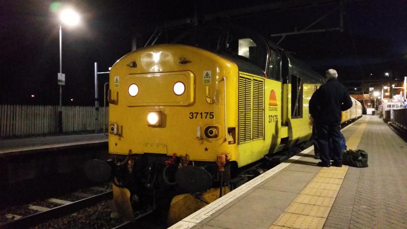 Colas 37175 at Springburn with PLPR Test Train (12-07-16): The 1Q80 Mossend - Mossend service changes drivers for the last time at Springburn before the night shift ahead. Photo of Colas 37175 at Springburn with PLPR Test Train (12-07-16)