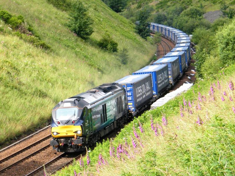 'Intrepid' @ Gleneagles - 13 July 2016: The '4D47' Tesco intermodal freight from Inverness to Mossend, heading through the Gleneagles cutting, at 16.45, being hauled by 68002. Photo of 'Intrepid' @ Gleneagles - 13 July 2016