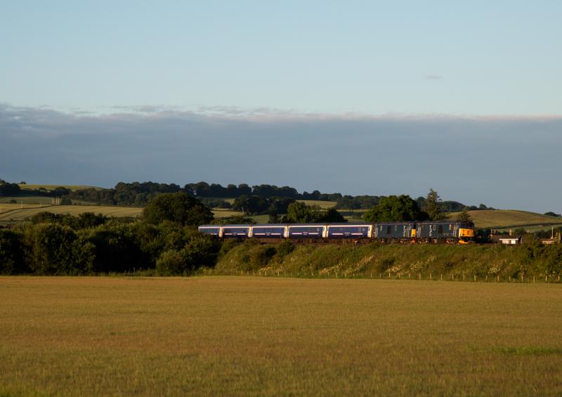 Who's asleep??: 73970 and 73969 lead 1A25 0443 Edinburgh to Aberdeen sleeper approaching Ladybank. Photo of Who's asleep??