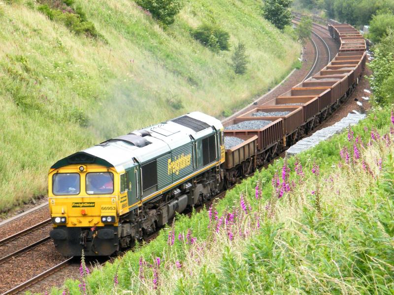 66953 @ Gleneagles - 17 July 2016: '6K15' Newtonhill to Mossend, heading south through Gleneagles cutting, at 11.35, in a light drizzle of rain. Photo of 66953 @ Gleneagles - 17 July 2016