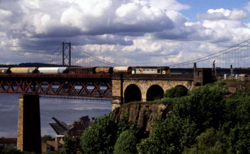 Forth Bridge freight 1991: A class 26 approaches North Queensferry with a Mossend - Thornton working in 1991. Photo of Forth Bridge freight 1991