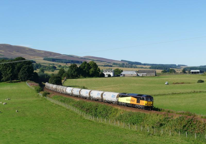 6A65 Oxwellmains to Aberdeen Cement: Colas Rail 60095 with a mixture of bogie and four wheel cement tanks at Glendevon Rd. bridge on 24th. Aug. 2016 Photo of 6A65 Oxwellmains to Aberdeen Cement