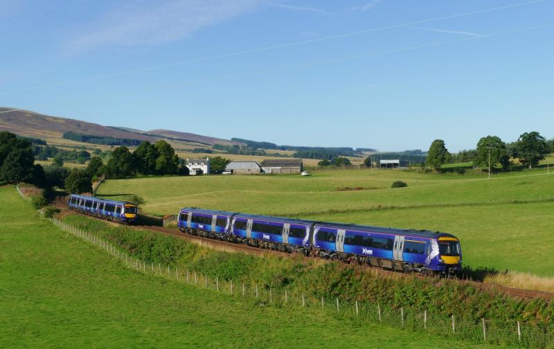 Dundee to Glasgow 170s pass at Glendevon Rd. bridge : Two Dundee to Glasgow 170s pass at Glendevon Rd. bridge at 9.00 on 24th. Aug. 2016 Photo of Dundee to Glasgow 170s pass at Glendevon Rd. bridge