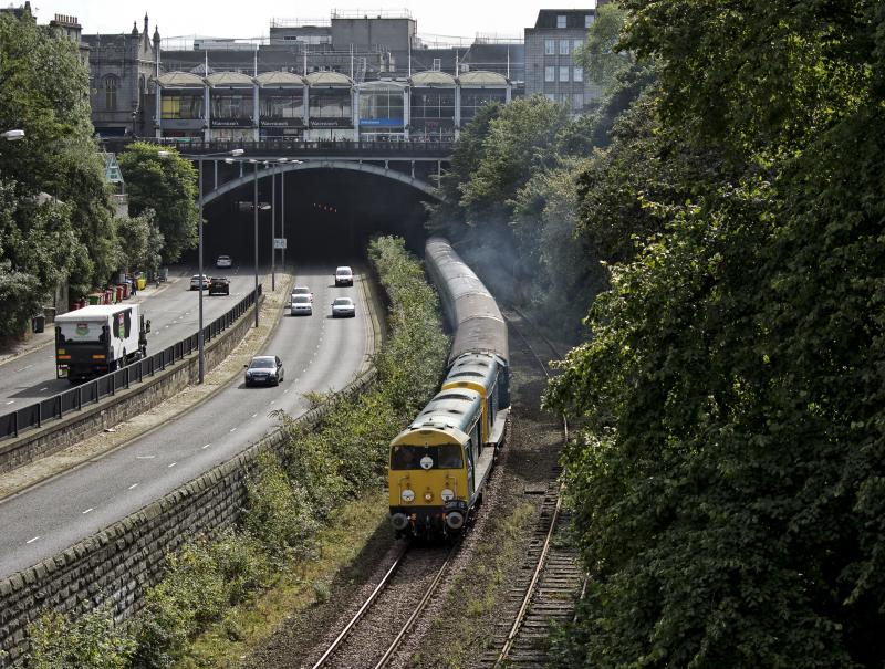 GBRf 15 CHARITY RAILTOUR 10.9.16.jpg: MUCH PLEASURE FOR THE AMASSED MEMBERS OF THE ABERDEEN TRANSPORT SOCIETY AS 20096 AND 20107 MAKE A GLORIOUS RACKETT HEADING NORTH PAST UNION TERRACE GARDENS ABERDEEN. Photo of GBRf 15 CHARITY RAILTOUR 10.9.16.jpg