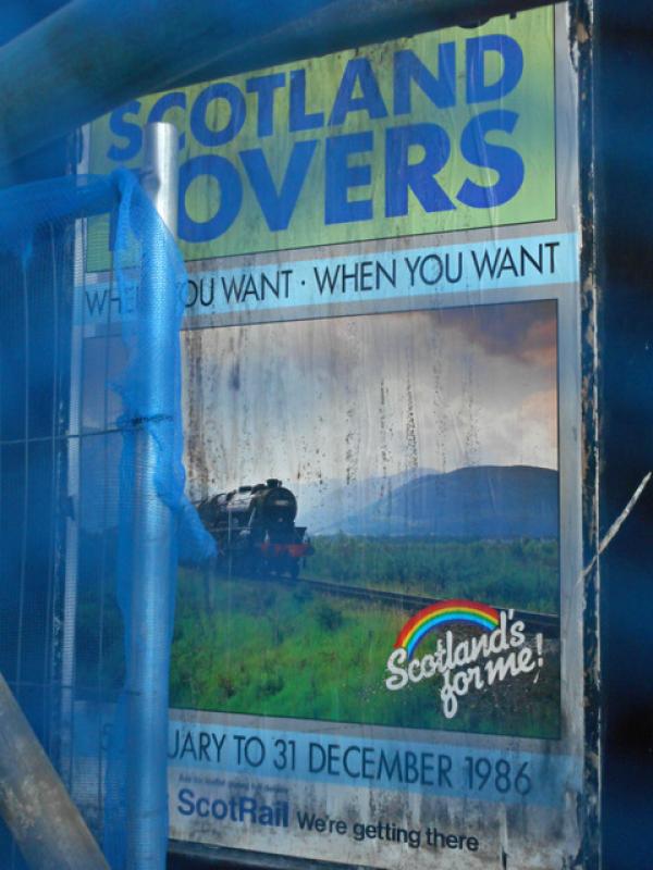 Old ScotRail Poster at Wemyss Bay: This Scotland Rovers poster dating from 1986 was briefly visible during restoration work at the booking office in May 2015. Photo of Old ScotRail Poster at Wemyss Bay