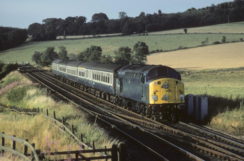 40086 at Markinch: The 18.21 Dundee to Edinburgh approaches Markinch with the evening shadows lengthening. Last class 40 working on the stoppers? 13/8/1983 Photo of 40086 at Markinch