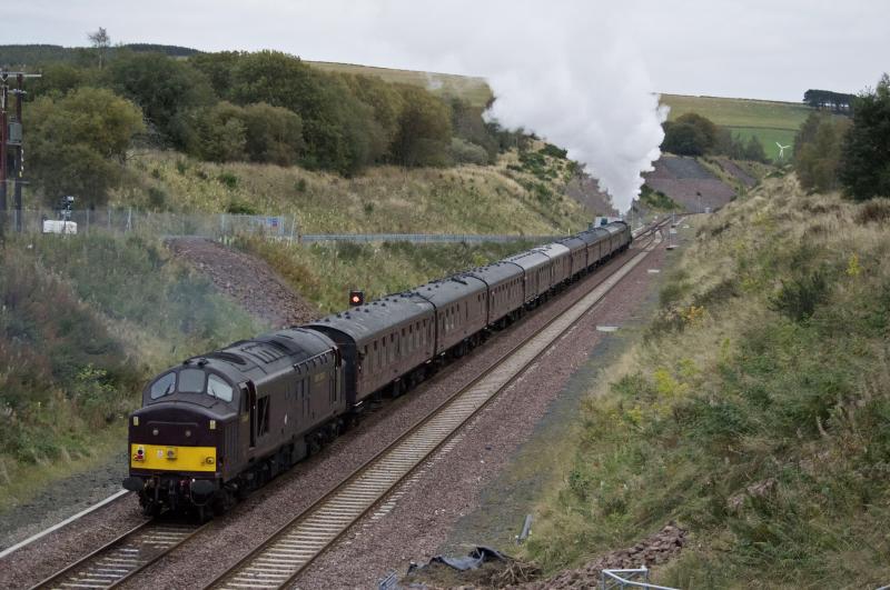45407 OCT 9 2016 (7).jpg: WITH A LITTLE HELP FROM 37669 , BLACK 5 45407 RESTARTS ITS TRAIN AND MAKES A STEADY ASSAULT ON THE LAST LEG OF THE CLIMB TO FALAHILL SUMMIT. Photo of 45407 OCT 9 2016 (7).jpg