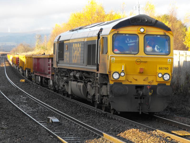 66740 Janet at Camelon: 66740 Janet seen at Camelon. Waiting to pick up it's booked path for 1341 Falkirk Grahamston to Carlisle Yard. Out and about with 37001 and doggy this morning chasing it. Photo of 66740 Janet at Camelon