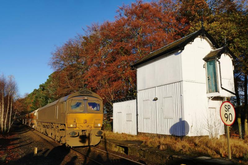 66429 and 10 autoballasters at Murthly : 66429 with p-way train to Millerhill waits on time to depart worksite at Murthly on 27/11/16. Photo of 66429 and 10 autoballasters at Murthly