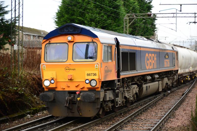 66736 at Westerton 9/12/16: Class 66/7 No. 66736 passes Westerton on 0807 Alcan Fort William to North Blyth working, 9 December 2016 Photo of 66736 at Westerton 9/12/16