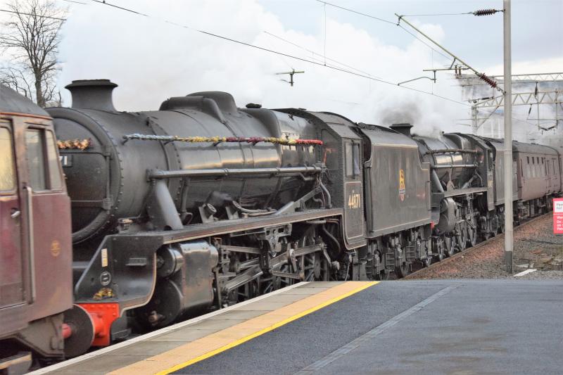 Xmas Jacobite 44871: Black 5 44871 in company with class mate 45407 and behind Class 47 #47804 head through Dumbarton central on 17 december en route for Fort William Photo of Xmas Jacobite 44871