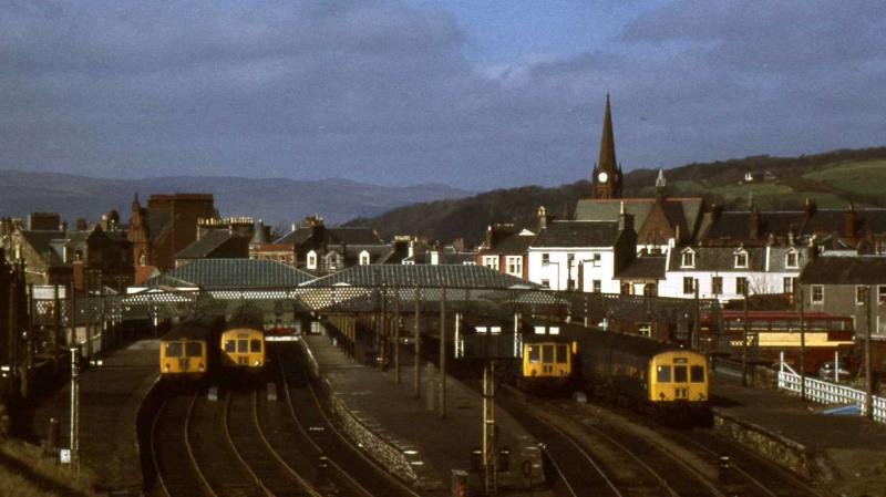 Largs in the 1970s: A variety of DMUS await their turn of duty at a fully functional Largs station. Photo of Largs in the 1970s