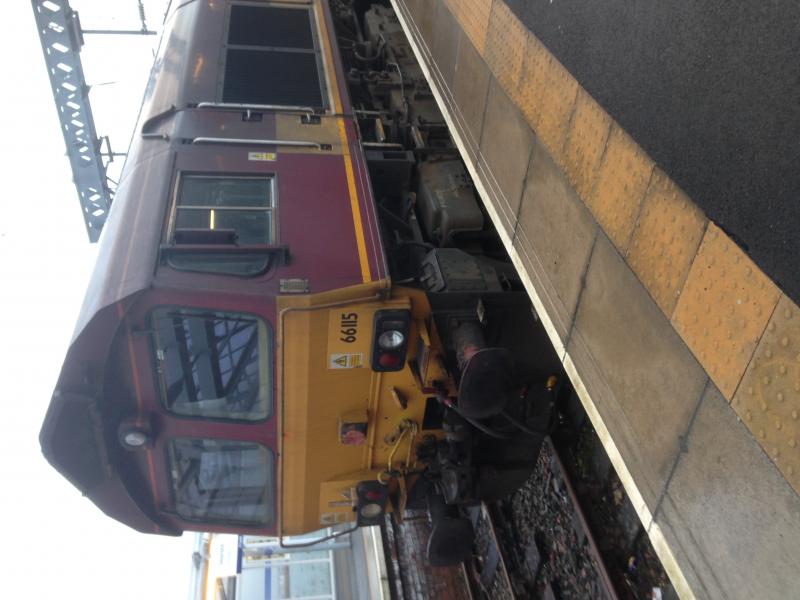 66115 @ Gourock: 66115 seen stabled at Gourock attached to new Hitachi unit 385102 Photo of 66115 @ Gourock