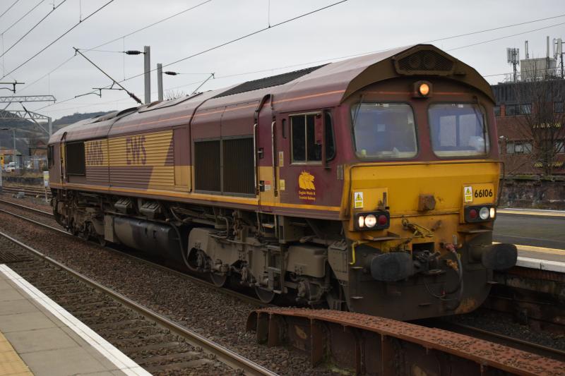 Mossend - Glen Douglas 19 Jan 2017: Front view of EWS liveried Class 66 #66106 running some 4 mins late at Dumbarton Central Photo of Mossend - Glen Douglas 19 Jan 2017