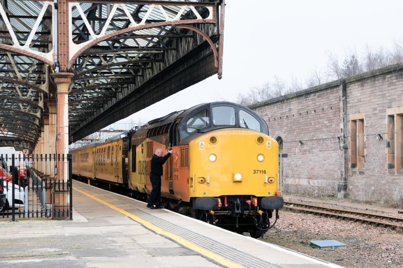 Colas 37116 driver ready to leave Perth: The 13:00 Mossend to Inverness working of the PLPR test train, 21st January 2017 Photo of Colas 37116 driver ready to leave Perth