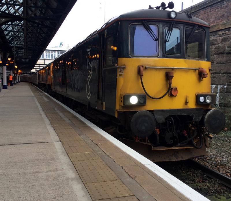 Caledonian ECS at Dundee: Caledonian Sleeper ECS heading south through Dundee on the morning of 21st January 2017. Class 73 & 66 Photo of Caledonian ECS at Dundee