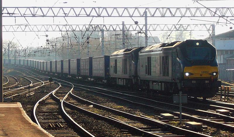 68002 and 68019 at Carlisle: DRS 68002 leads 68019 on 4S43, the Tesco Intermodal, from Daventry to Mossend on Saturday 21st January 2017. Photo of 68002 and 68019 at Carlisle
