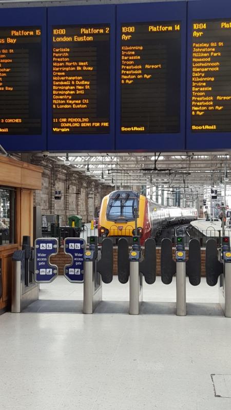Not quite a Pendolino!: Glasgow Central on Friday 24th February; after the disruption of the previous day due to Storm Doris, the 1000 Euston was formed by a Voyager rather than the 11 car Pendolino as per the display Photo of Not quite a Pendolino!