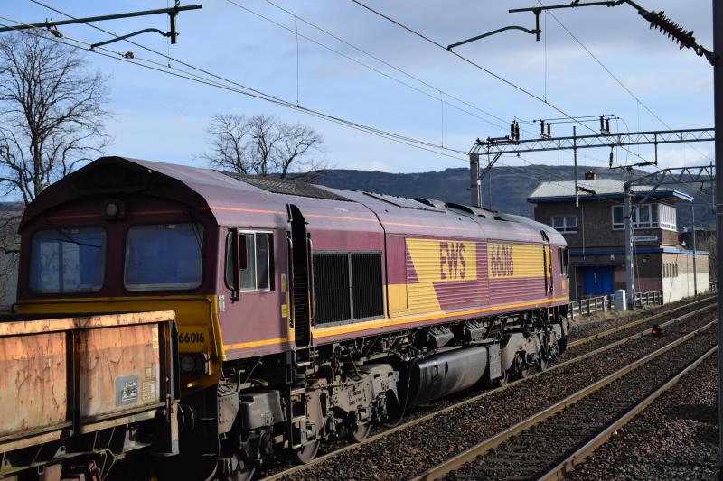 Bridge of Orchy - Millerhill 2 March 2017: DBC Class 66 #66016 heads a consist of OBAs and OCAs east through Dumbarton Central on 2 March 2017 Photo of Bridge of Orchy - Millerhill 2 March 2017