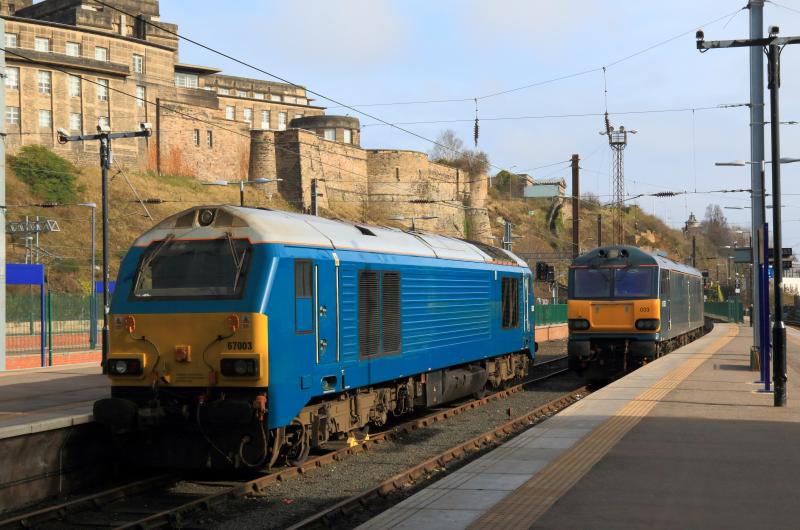 Motorail Bay: 67003 & 92033 stabled in the motorail bay at the east end of Waverley on 03/03/2017. This will soon disappear when platforms 5 & 6 are built. Photo of Motorail Bay