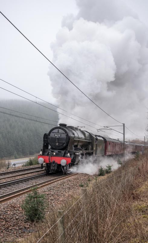 Scots Guardsman: 46115 slogging up Beattock in place of Duchess of Sutherland on 11.3.17 Photo of Scots Guardsman